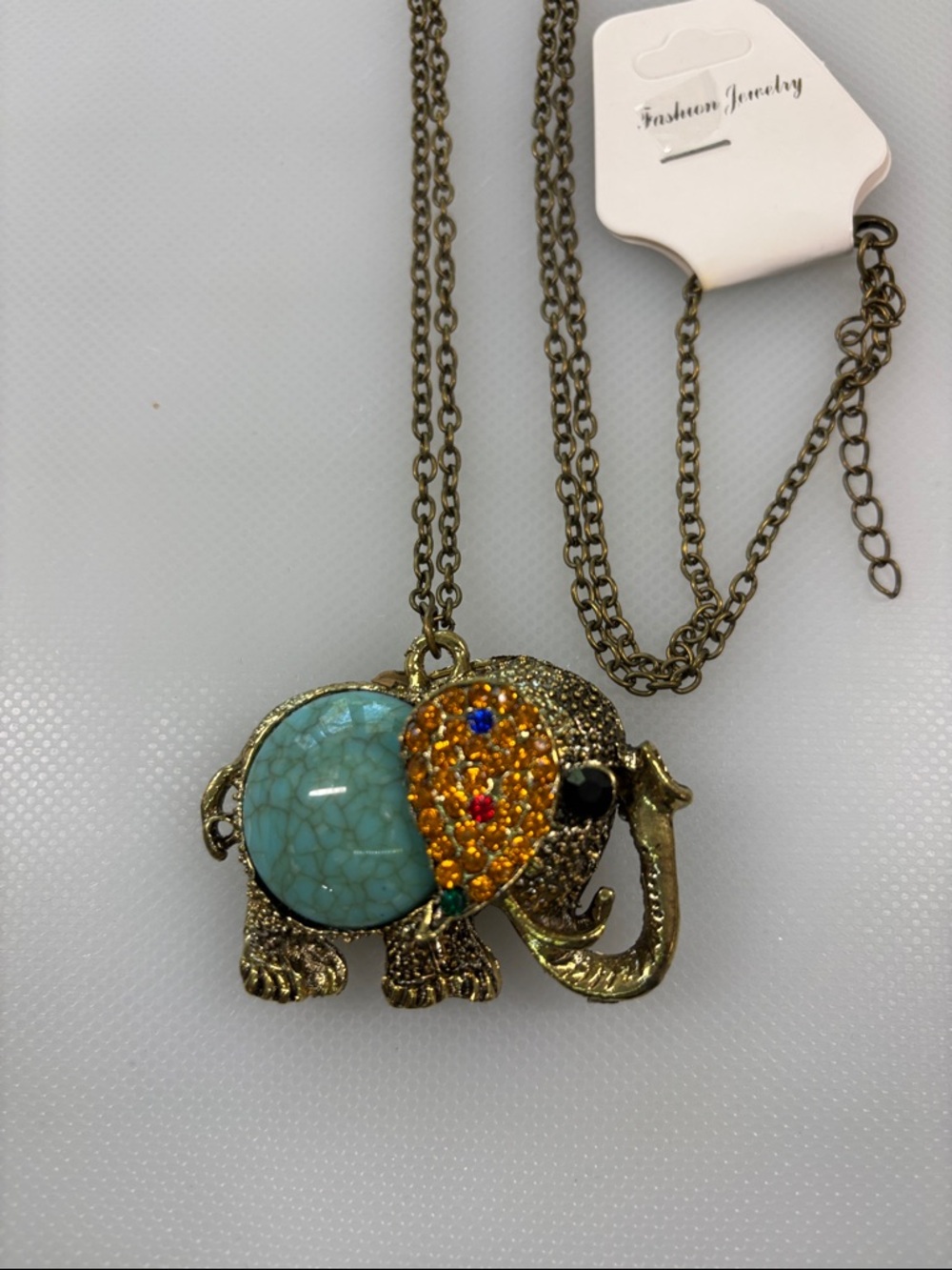 Fashion Jewelry Gold Elephant Necklace with Turquoise and Amber Accents